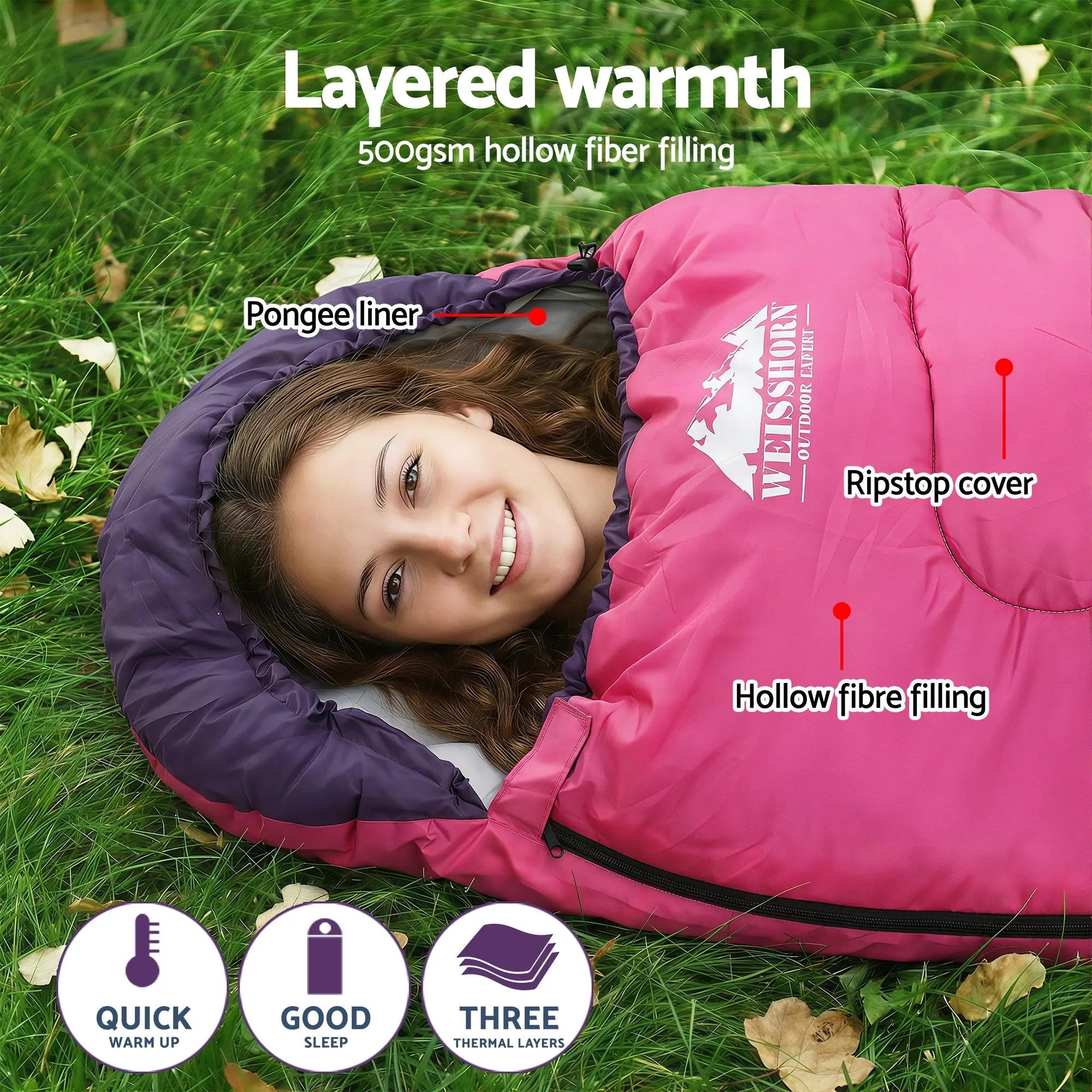 Weisshorn Sleeping Bag Single 213cm Thermal Camping Hiking Pink Wholesale Hub
