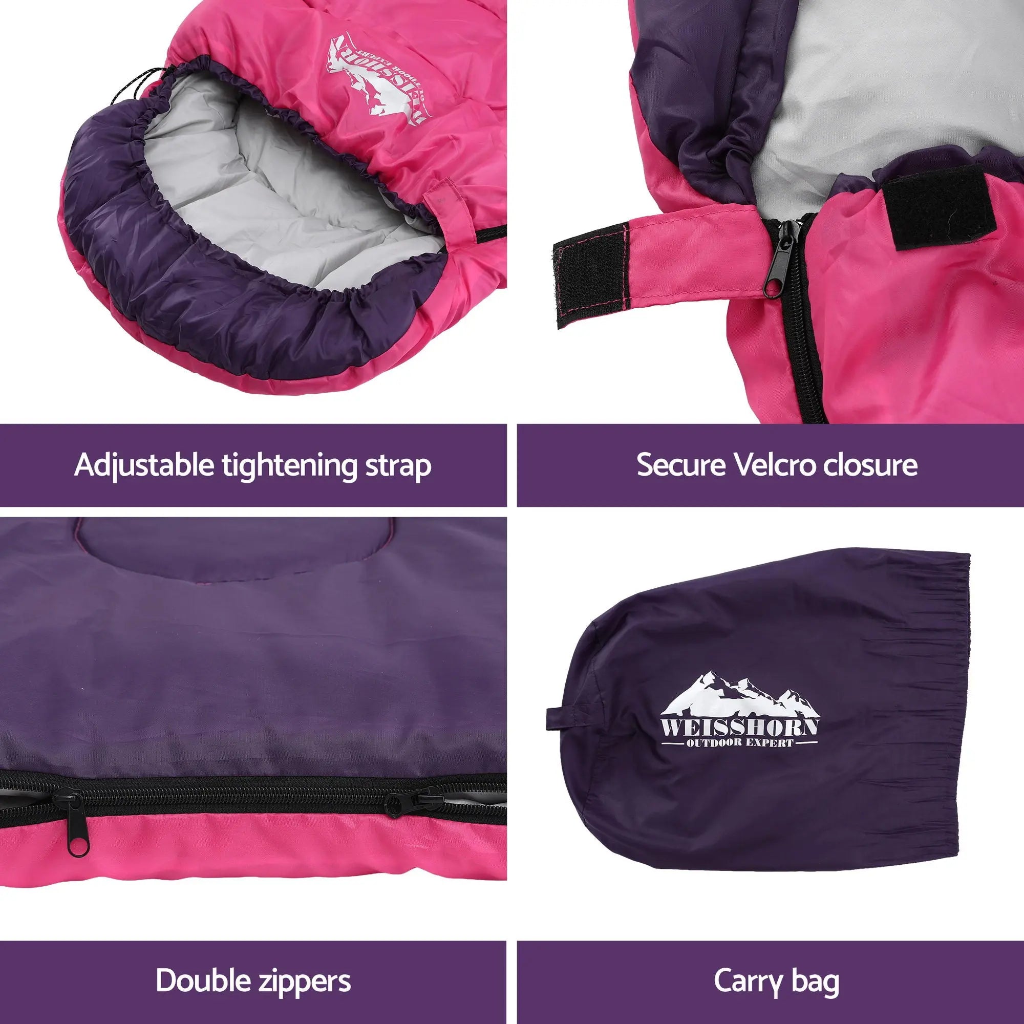 Weisshorn Sleeping Bag Single 213cm Thermal Camping Hiking Pink Wholesale Hub