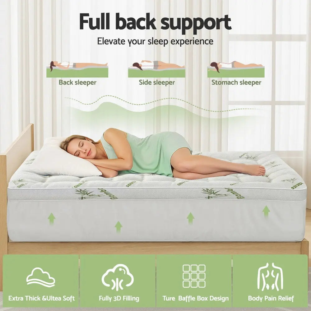 Giselle Bedding 1500GSM Pillowtop Mattress Topper Bamboo Mattress Pad for Back Pain Relief Washable 11cm Thick Bed Cover with 45cm Deep Pocket King Single Wholesale Hub