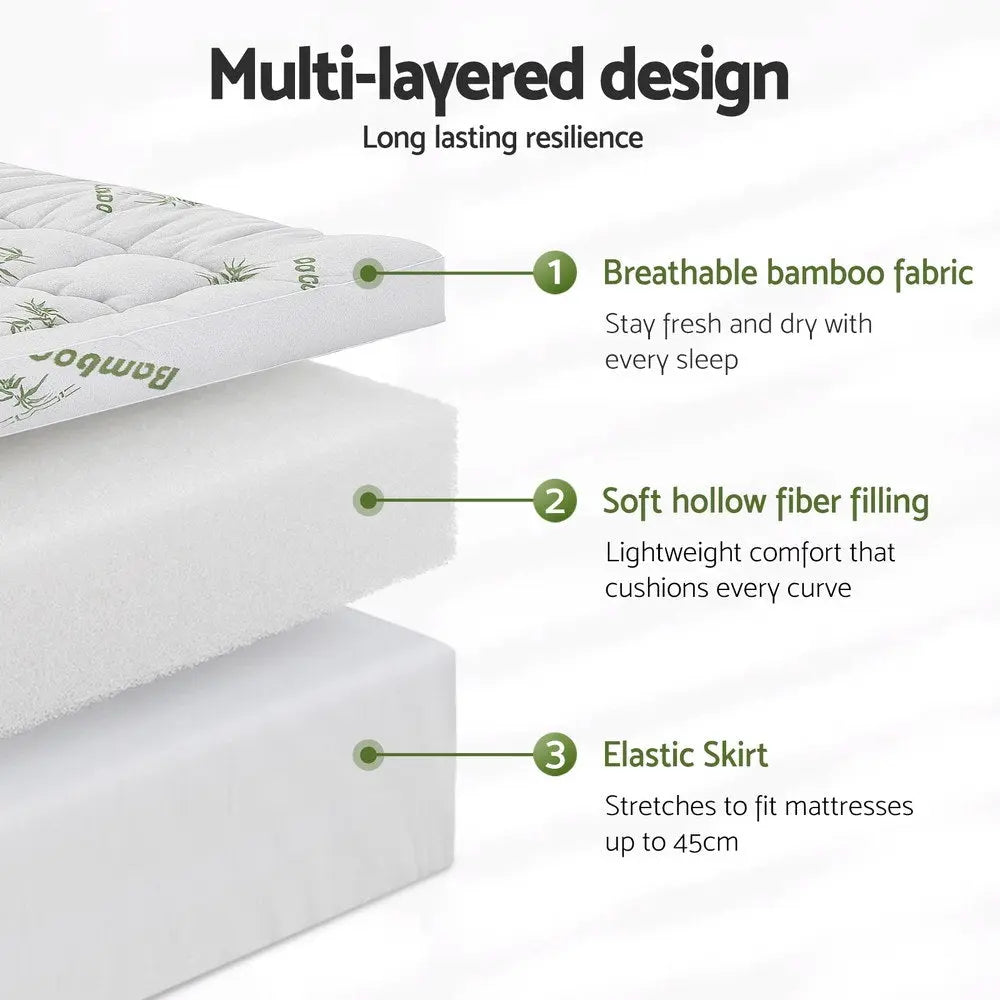 Giselle Bedding 1500GSM Pillowtop Mattress Topper Bamboo Mattress Pad for Back Pain Relief Washable 11cm Thick Bed Cover with 45cm Deep Pocket Single Wholesale Hub