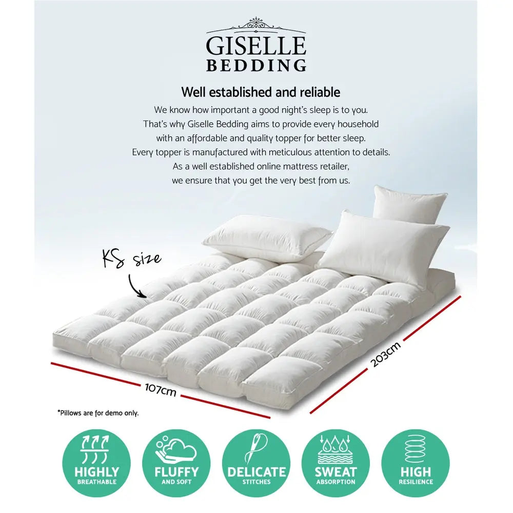Giselle Bedding Pillowtop Mattress Topper 5cm Thick Pad for Back Pain Relief Washable Underlay Protector 1000GSM Microfibre Filling 45cm Deep Pocket King Single Wholesale Hub