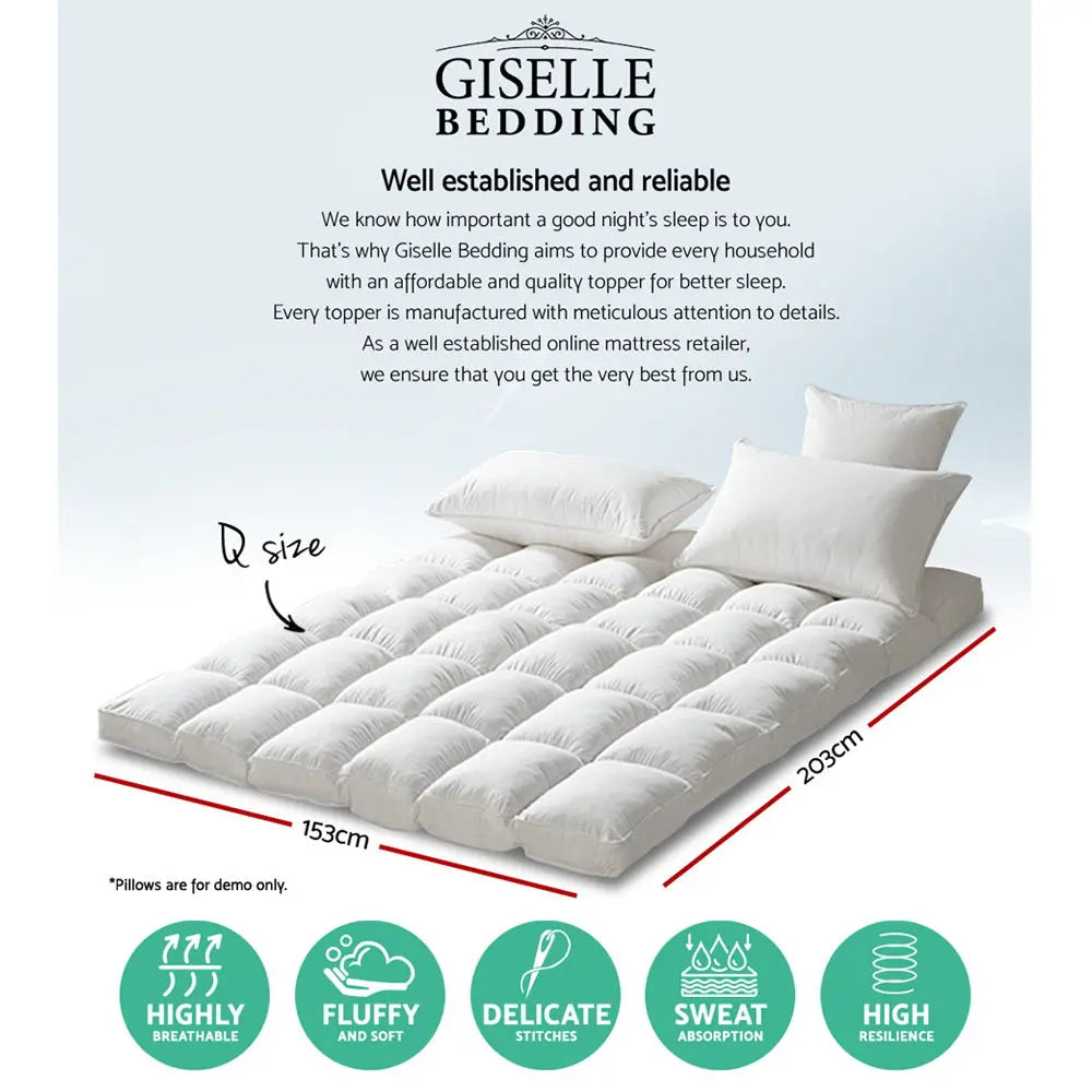 Giselle Bedding Pillowtop Mattress Topper 5cm Thick Pad for Back Pain Relief Washable Underlay Protector 1000GSM Microfibre Filling 45cm Deep Pocket Queen Wholesale Hub