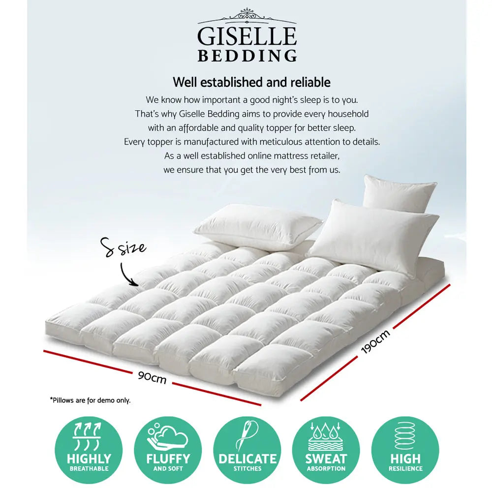 Giselle Bedding Pillowtop Mattress Topper 5cm Thick Pad for Back Pain Relief Washable Underlay Protector 1000GSM Microfibre Filling 45cm Deep Pocket Single Wholesale Hub