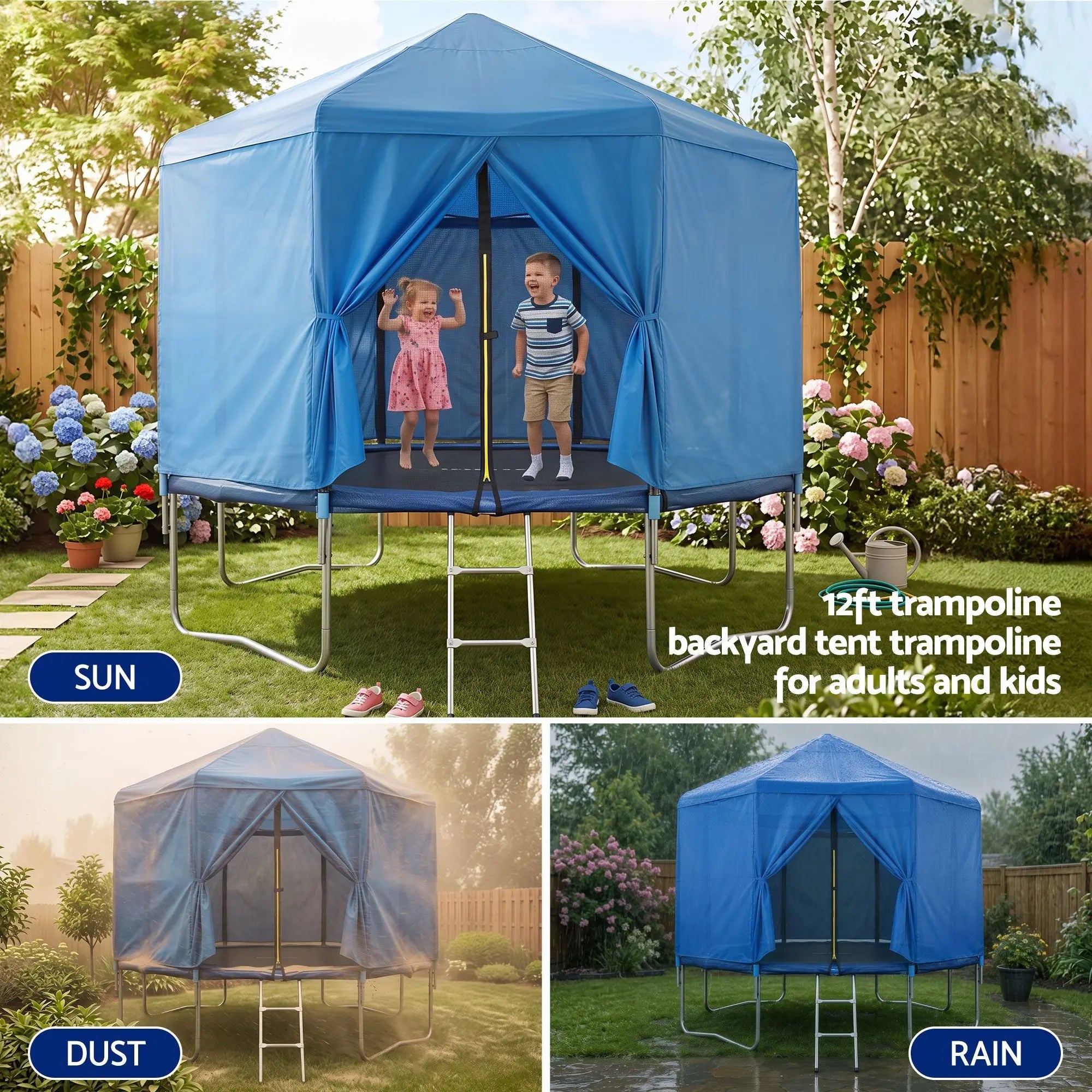 Everfit 12FT Kids Trampoline with Blue Tent Cover Ladder Rebounder Outdoor Toys Wholesale Hub