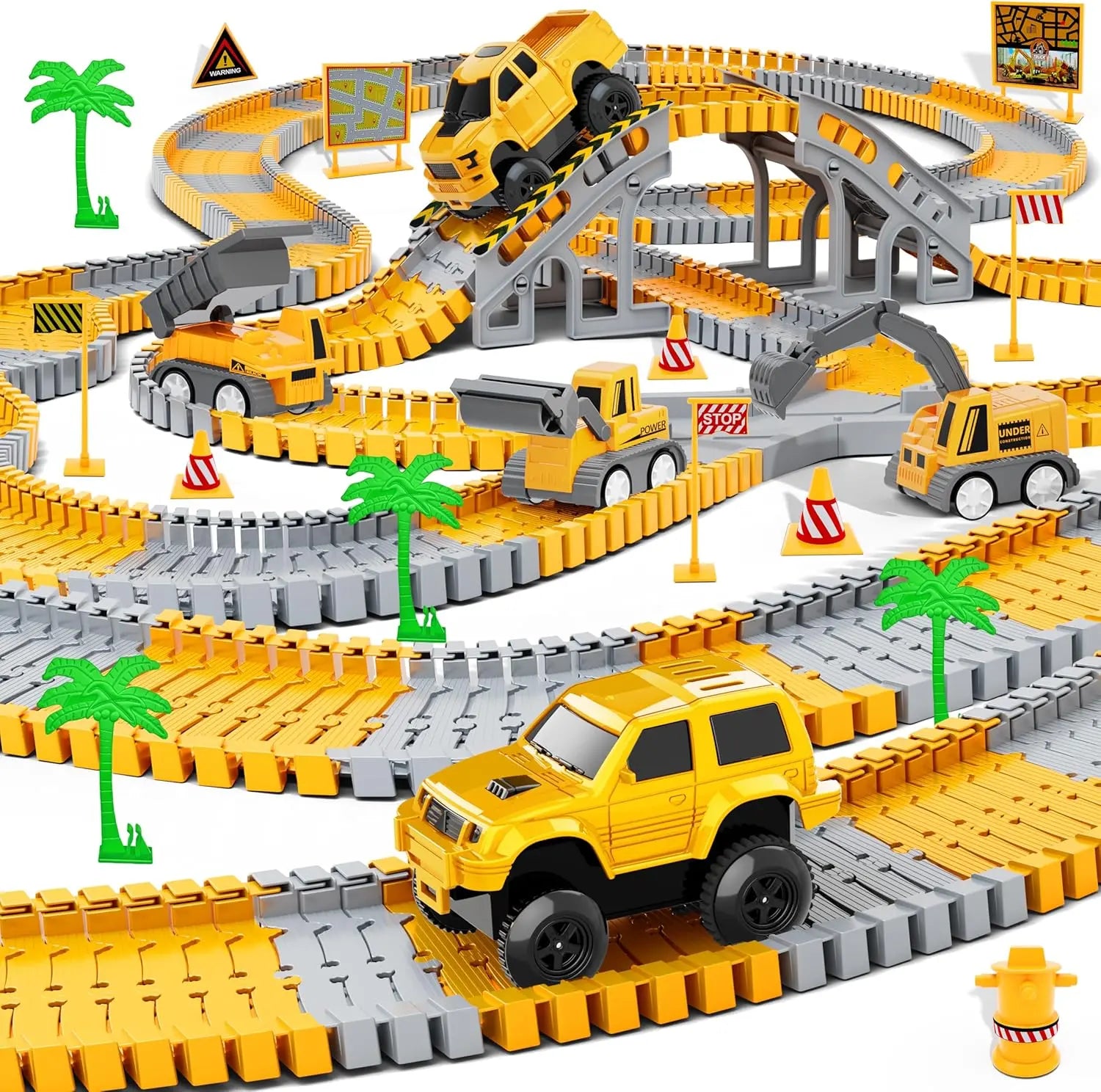 343 track-building sets, track-course - STEM learning toys, construction vehicles (concrete mixers, dump trucks), Track-birthday/Christmas gifts for boys - Developing motor skills and creativity - Compatible with the major Wholesale Hub