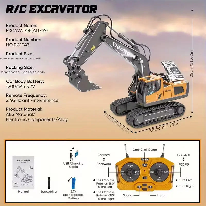 Mini Excavator Toy with Remote & App Control, High-Tech 11-Channel Alloy & Plastic Engineering Vehicle, Fun Toy for Men, Perfect Gift for Kids. Wholesale Hub