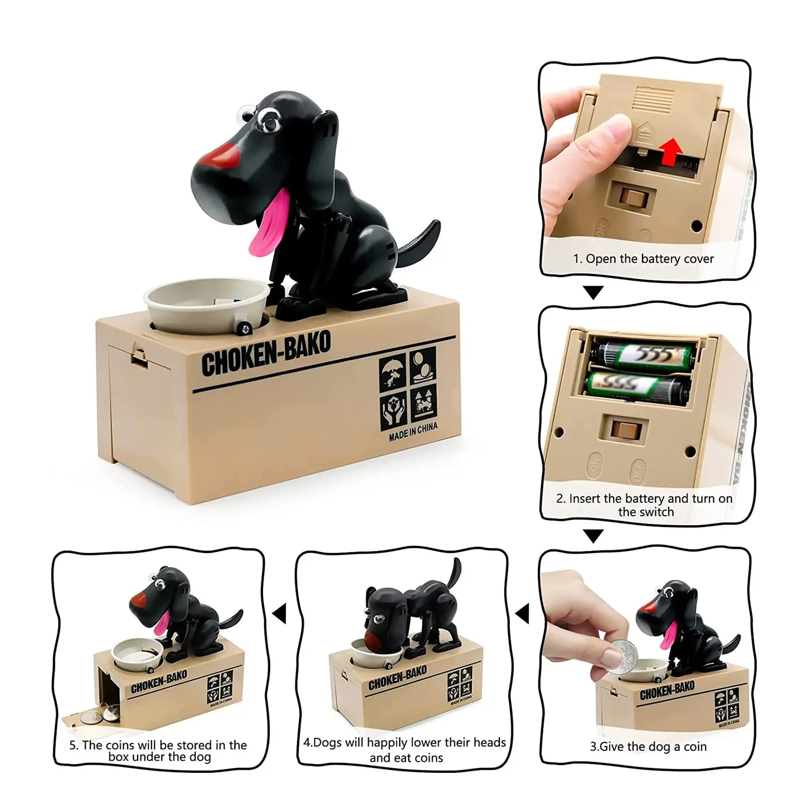 Interactive Dog Coin Bank – Automatic Electric Money Saving Piggy Bank with Moving Dog Design – Fun Kids Gift & Desk Decor (Black) Wholesale Hub