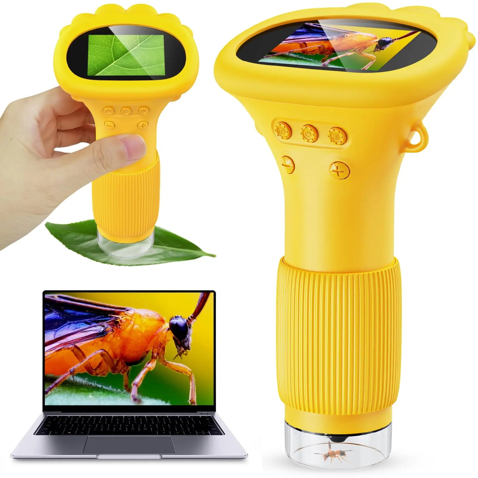 Student Digital Microscope for Kids – Portable 1000x Magnification Handheld Scope with 2 Inch HD Screen, LED Light & Photo Storage, Ideal for Science Class and Outdoor Exploration (Yellow) Wholesale Hub
