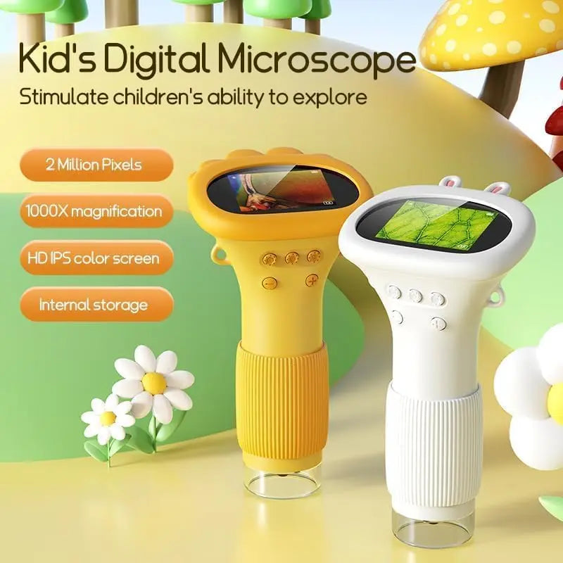 Student Digital Microscope for Kids – Portable 1000x Magnification Handheld Scope with 2 Inch HD Screen, LED Light & Photo Storage, Ideal for Science Class and Outdoor Exploration (Yellow) Wholesale Hub