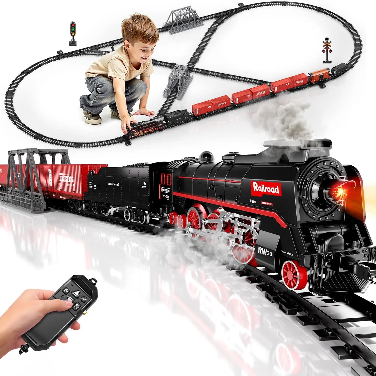 Model Train Set, Remote Control Train Toys with 3Way Smoke Locomotive, 5 Train Cars, Luxury Track Kit, Authentic Train Sounds & Lights, Rechargeable Battery, Top Present for Train Lovers (Black) Wholesale Hub