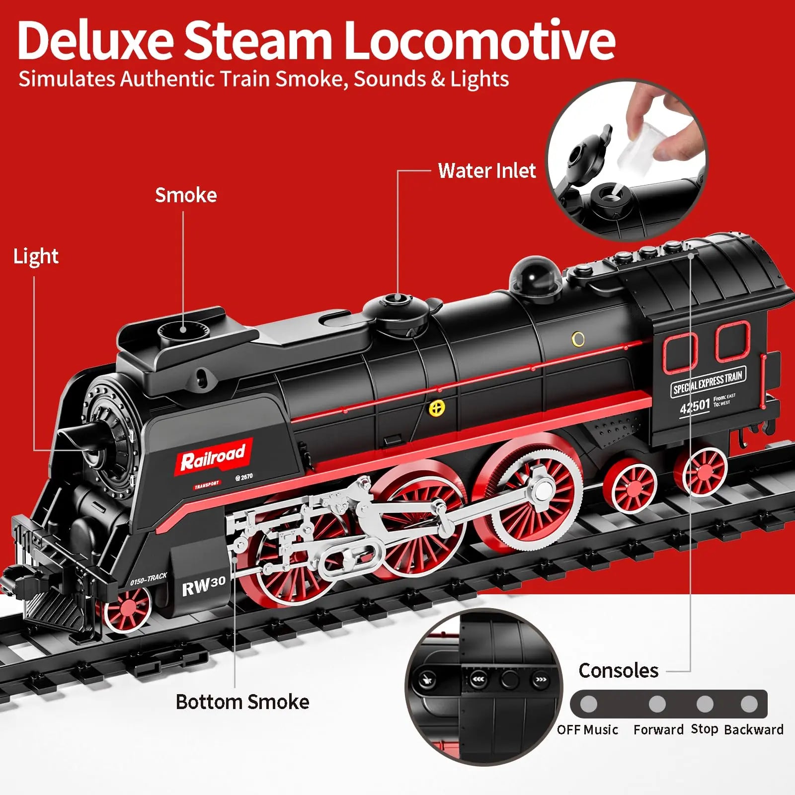 Model Train Set, Remote Control Train Toys with 3Way Smoke Locomotive, 5 Train Cars, Luxury Track Kit, Authentic Train Sounds & Lights, Rechargeable Battery, Top Present for Train Lovers (Black) Wholesale Hub