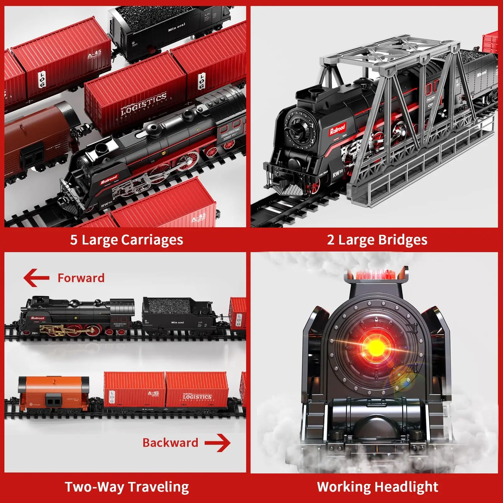 Model Train Set, Remote Control Train Toys with 3Way Smoke Locomotive, 5 Train Cars, Luxury Track Kit, Authentic Train Sounds & Lights, Rechargeable Battery, Top Present for Train Lovers (Black) Wholesale Hub