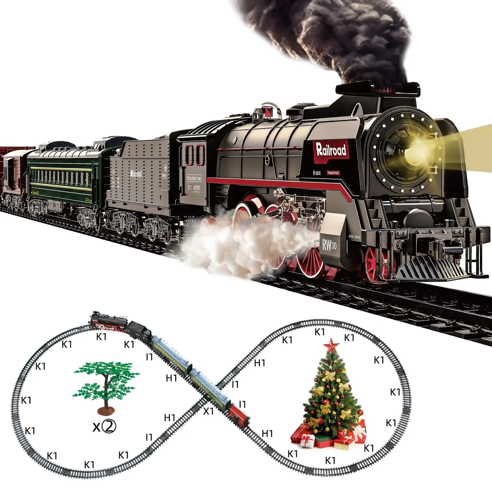 Train Set for Kids, Electric Train Toys with Realistic Light Sounds Smoke, Christmas Train Model Gifts for Toddlers Boys Girls, Steam Locomotive, Luxury Track & 2 Glowing Passenger Carriages (Black) Wholesale Hub