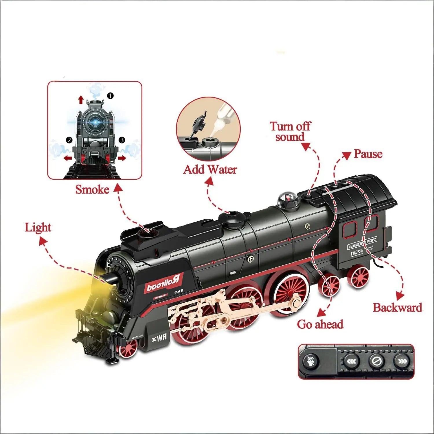 Train Set for Kids, Electric Train Toys with Realistic Light Sounds Smoke, Christmas Train Model Gifts for Toddlers Boys Girls, Steam Locomotive, Luxury Track & 2 Glowing Passenger Carriages (Black) Wholesale Hub