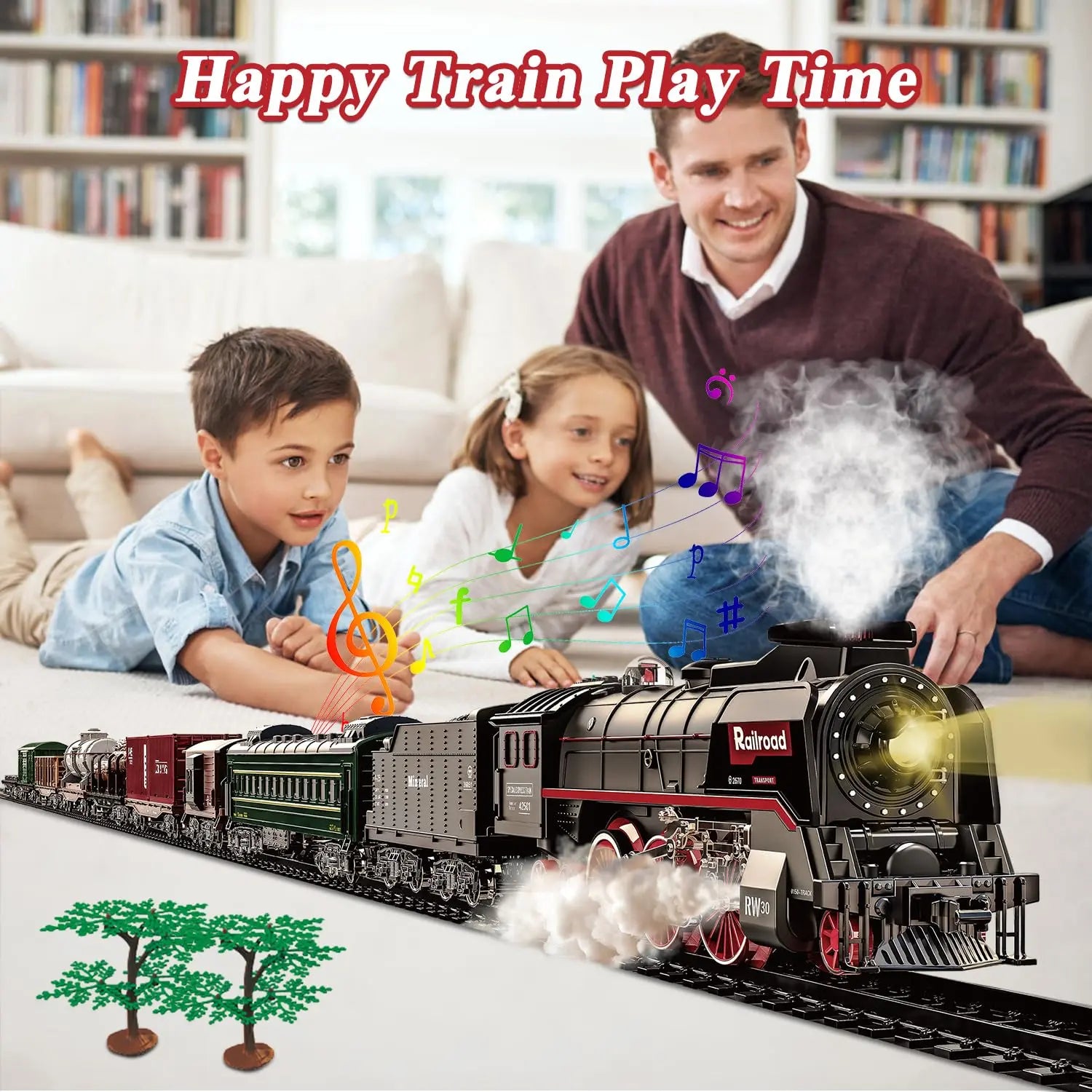 Train Set for Kids, Electric Train Toys with Realistic Light Sounds Smoke, Christmas Train Model Gifts for Toddlers Boys Girls, Steam Locomotive, Luxury Track & 2 Glowing Passenger Carriages (Black) Wholesale Hub