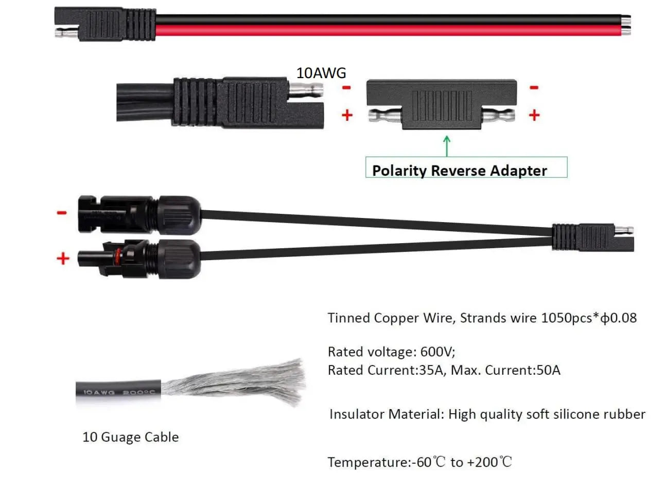 Solar Panel Connectors 10AWG Compatible with MC-4 Solar Connecter to SAE Adapter PV Extension Cable Wire for RV Caravan Solar Panels Battery Charger kit with Two SAE to SAE Polarity Reverse Adapters Wholesale Hub