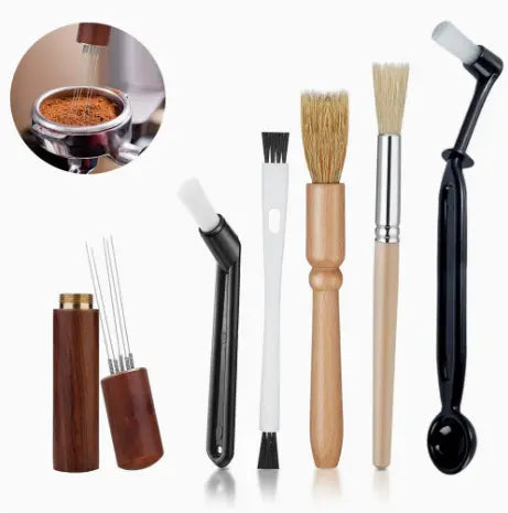 Professional Coffee Machine Cleaning Brush Set | 6-Piece Multi-functional Tool Kit | Includes Dosing Needle / Bent Cleaning Brush / Flat Cleaning Brush / Wooden Handle Cleaning Brush / Metal Handle Cleaning Brush / Bent Brush with Spoon | Suitable for dee Wholesale Hub
