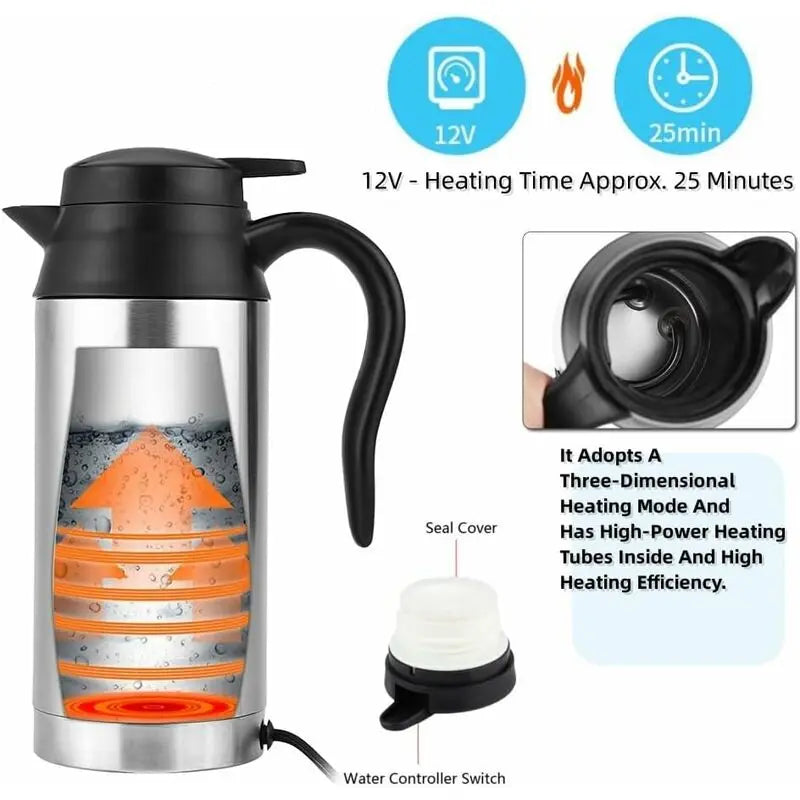 750Ml Portable Stainless Steel Electric Travel Kettle, 12V Car Cigarette Lighter, Electric Travel Mug Heating Kettle Wholesale Hub