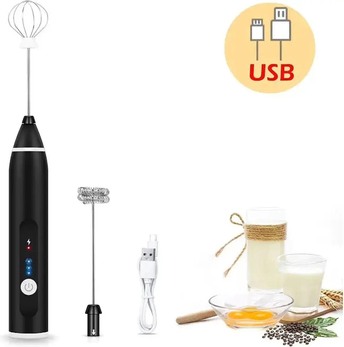 2-in-1 Electric Coffee Frother, USB Rechargeable, Egg Beater, Keep Mixer, Black Wholesale Hub