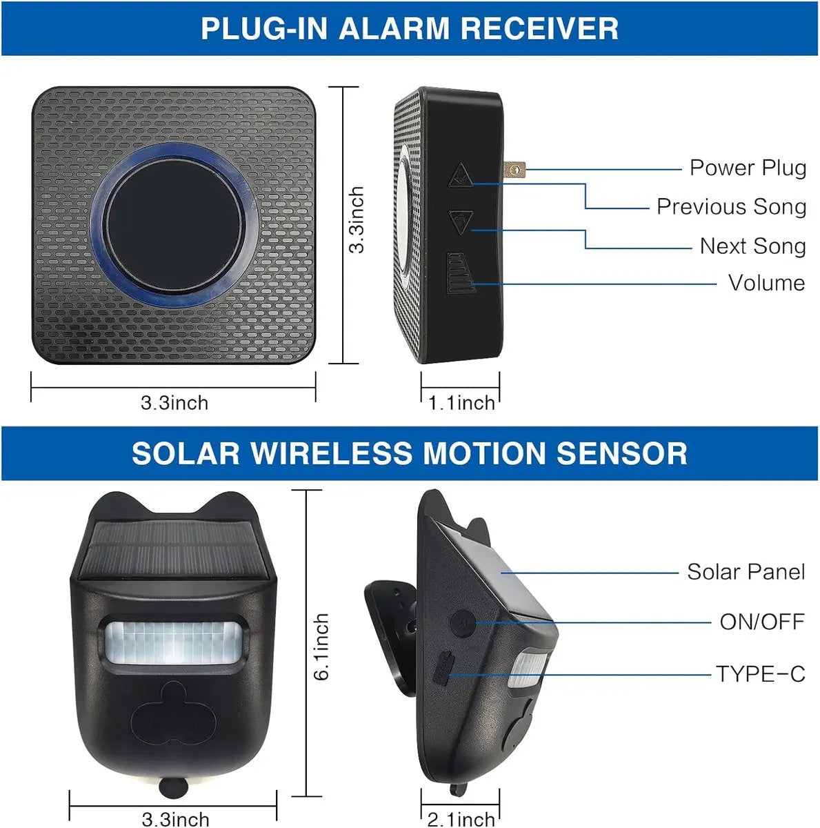 Driveway alarm - Entry detector - Solar driveway alarm - Motion detector - Wireless = Security - Wireless solar driveway alarm - Motion detector - Doorbell - DIY security system - (2 sensors and 1 doorbell) Wholesale Hub