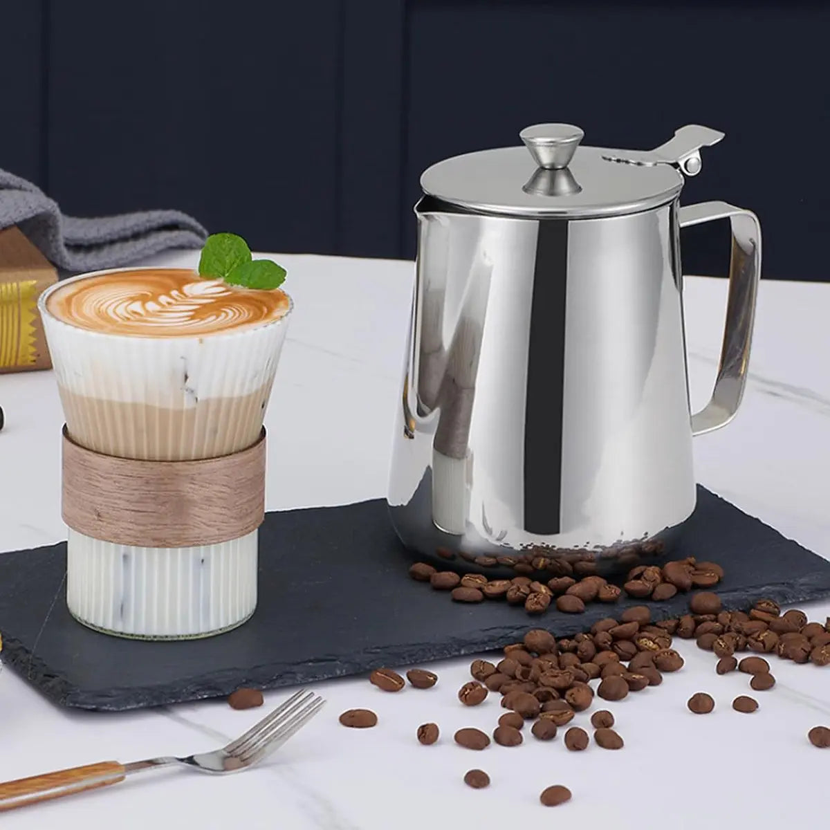 Milk Jug - Barista Latte Artisan Accessories with Lid - 600ml Milk Jug - Stainless Steel Milk Jug with Lid - Milk Frothing Jug - Coffee Milk Jug with Cup - Suitable for Cappuccino, Espresso, and Barista Use Wholesale Hub