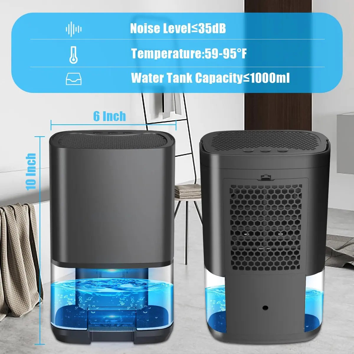 Ultra-quiet smart air dehumidifier - 1L capacity - Dehumidifier for bedroom, bathroom, basement, house - 2 in 1 - Small - Quiet - Black Wholesale Hub