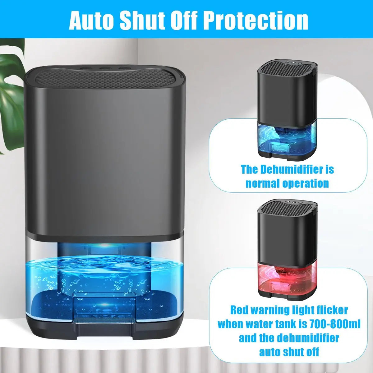Ultra-quiet smart air dehumidifier - 1L capacity - Dehumidifier for bedroom, bathroom, basement, house - 2 in 1 - Small - Quiet - Black Wholesale Hub