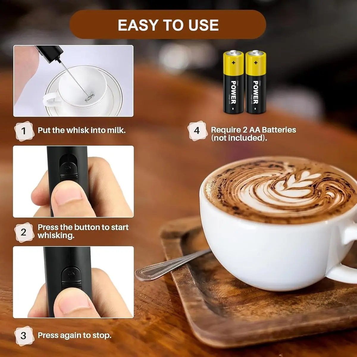 Milk Frother - Milk Frothers - Manual Milk Frother - Electric Milk Frother - Functional Electric Milk Frother - Portable Electric Milk Frother - With Whisk - For Coffee, Matcha, Latte and Cappuccino Wholesale Hub