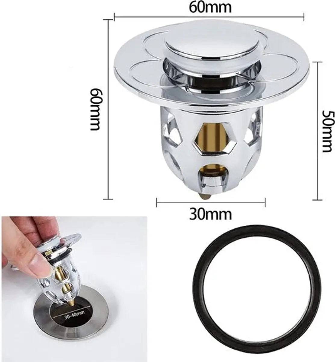 Pop-on sink drain plug - Drain stopper - Drain strainer - Hair catcher - Sink - Drain plugs - Sinks - Bathroom/Kitchen - Hair - Chrome - For 34-40 mm Wholesale Hub