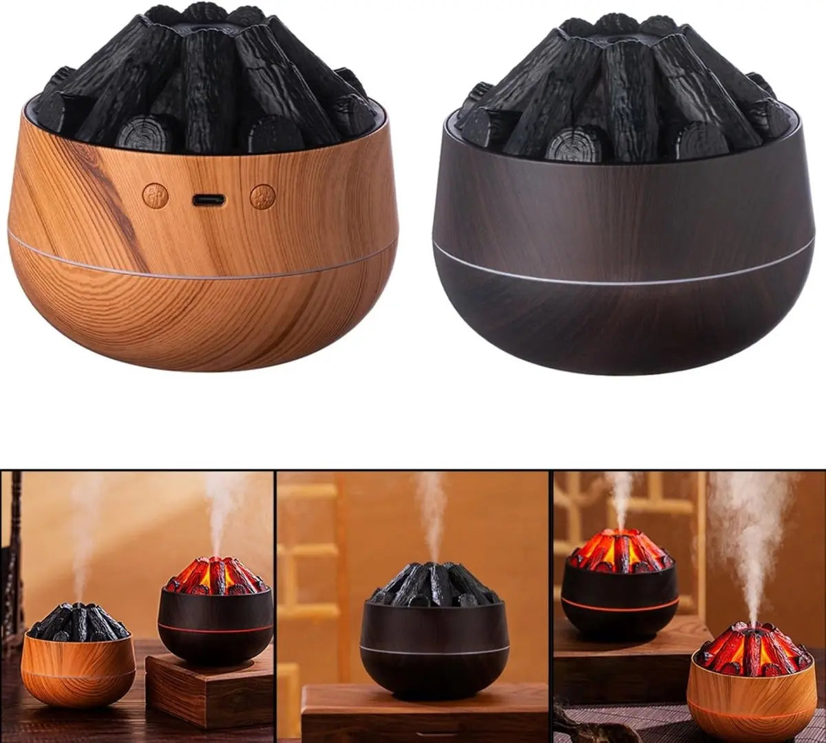 Aromatherapy Air Humidifier - Flame Effect Aromatherapy Diffuser - 300ml - Bedroom Humidifier - Campfire Shape - Small Ultra-Quiet USB Portable Humidifier for Home and Office (Dark) Wholesale Hub