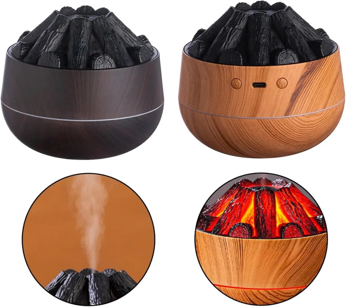 Aromatherapy Air Humidifier - Flame Effect Aromatherapy Diffuser - 300ml - Bedroom Humidifier - Campfire Shape - Small Ultra-Quiet USB Portable Humidifier for Home and Office (Dark) Wholesale Hub