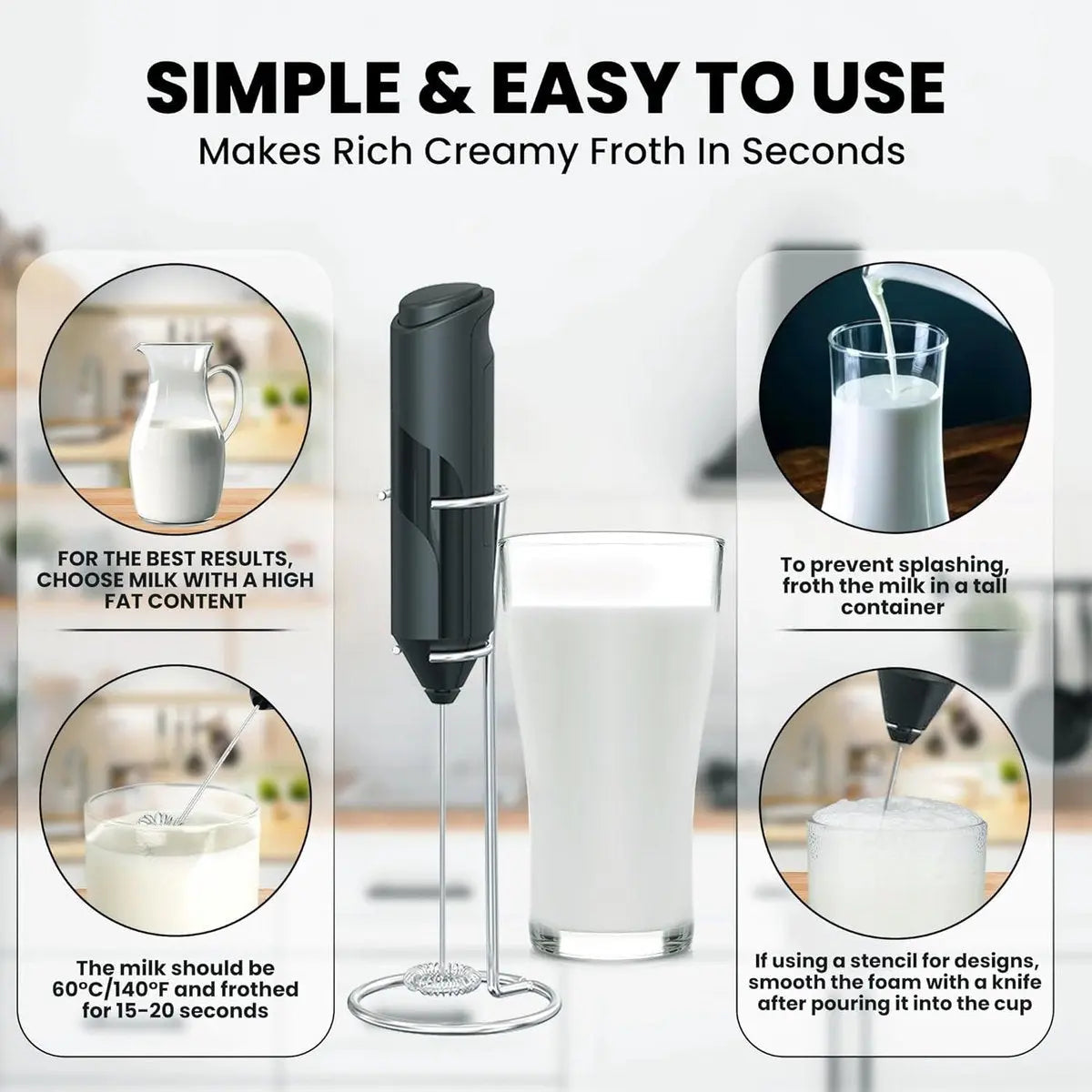 Milk frother - Milk frother - Electric milk frother - Milk frother with stand - Portable battery-operated milk frother - Manual milk frother with stand - Handheld frother for coffee blender - For lattes, cappuccinos, and coffee cream Wholesale Hub