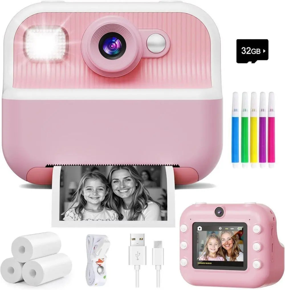 1 Children's Digital Camera with Instant Printing 1080P HD 2.4-inch Screen, Pink, Includes Paper and 32GB Card for Ages 3-12 Wholesale Hub