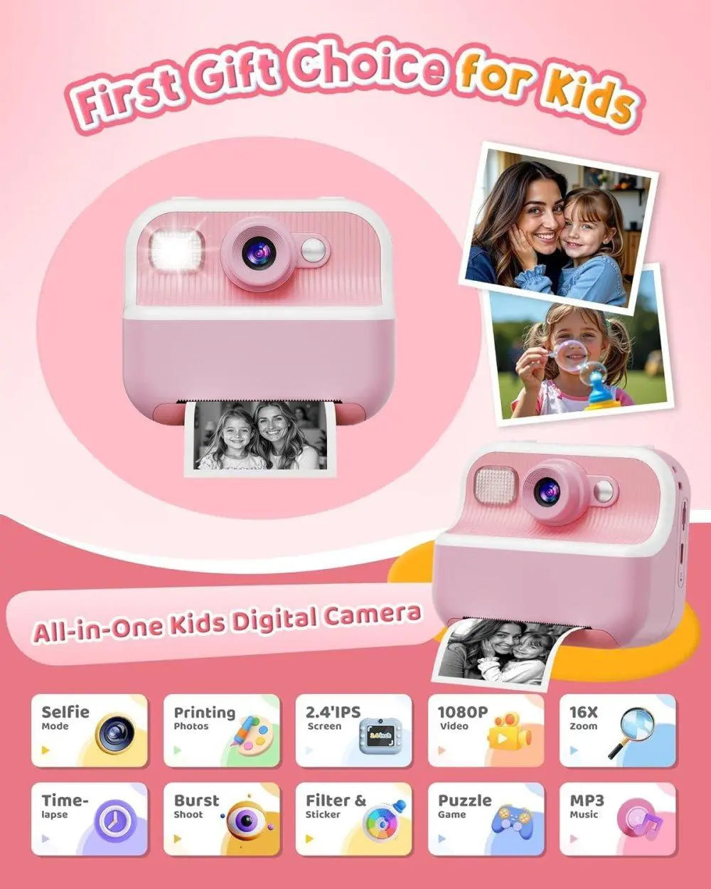 1 Children's Digital Camera with Instant Printing 1080P HD 2.4-inch Screen, Pink, Includes Paper and 32GB Card for Ages 3-12 Wholesale Hub