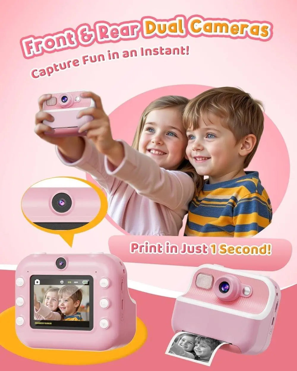 1 Children's Digital Camera with Instant Printing 1080P HD 2.4-inch Screen, Pink, Includes Paper and 32GB Card for Ages 3-12 Wholesale Hub