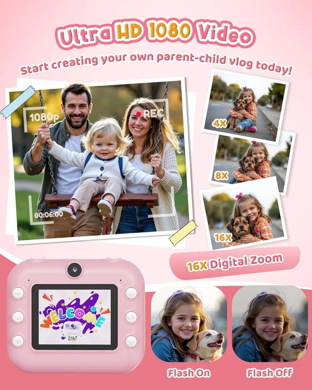 1 Children's Digital Camera with Instant Printing 1080P HD 2.4-inch Screen, Pink, Includes Paper and 32GB Card for Ages 3-12 Wholesale Hub