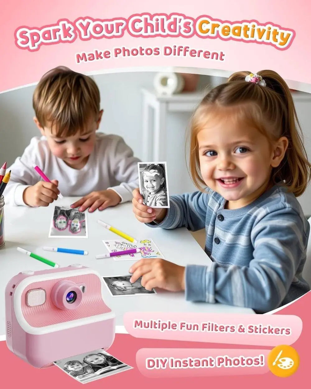 1 Children's Digital Camera with Instant Printing 1080P HD 2.4-inch Screen, Pink, Includes Paper and 32GB Card for Ages 3-12 Wholesale Hub