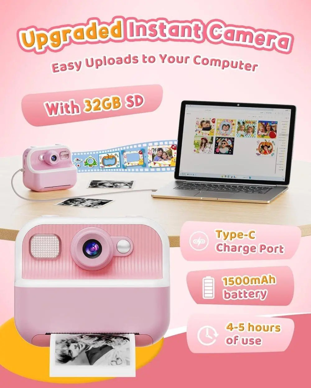 1 Children's Digital Camera with Instant Printing 1080P HD 2.4-inch Screen, Pink, Includes Paper and 32GB Card for Ages 3-12 Wholesale Hub