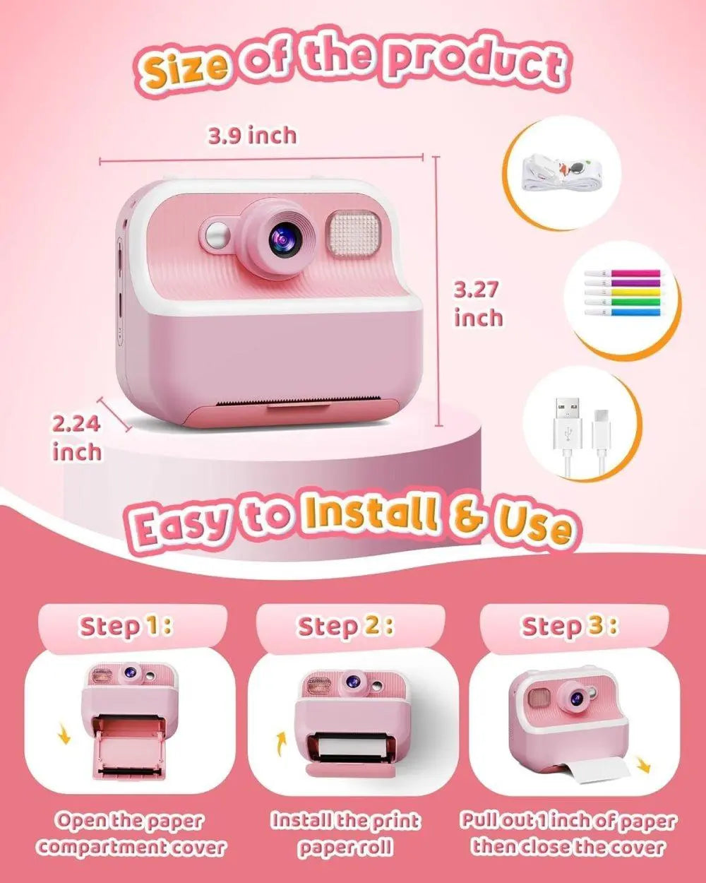 1 Children's Digital Camera with Instant Printing 1080P HD 2.4-inch Screen, Pink, Includes Paper and 32GB Card for Ages 3-12 Wholesale Hub