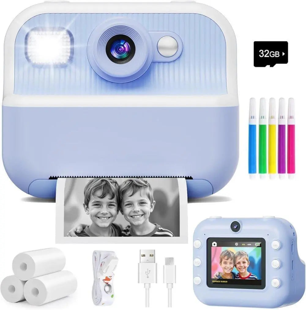 Children's Digital Camera 1080P HD with 2.4-Inch Screen, Instant Printing, Includes Paper & 32GB Card, for Ages 3-12, Blue Wholesale Hub