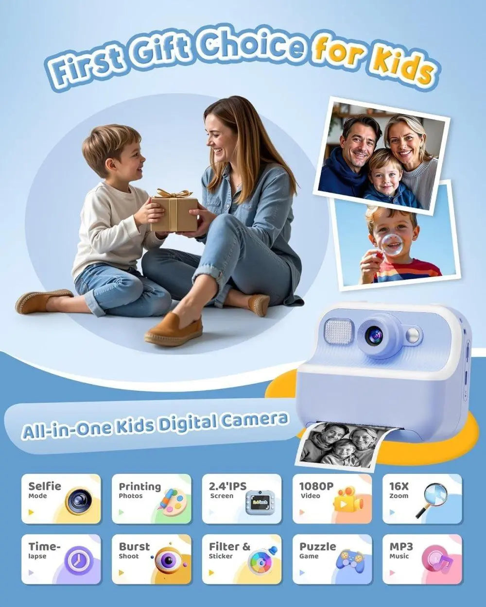 Children's Digital Camera 1080P HD with 2.4-Inch Screen, Instant Printing, Includes Paper & 32GB Card, for Ages 3-12, Blue Wholesale Hub