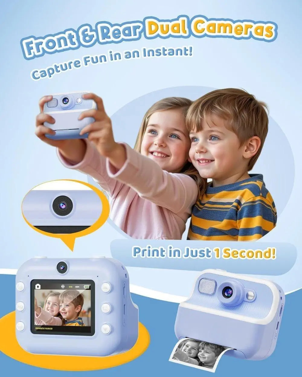 Children's Digital Camera 1080P HD with 2.4-Inch Screen, Instant Printing, Includes Paper & 32GB Card, for Ages 3-12, Blue Wholesale Hub