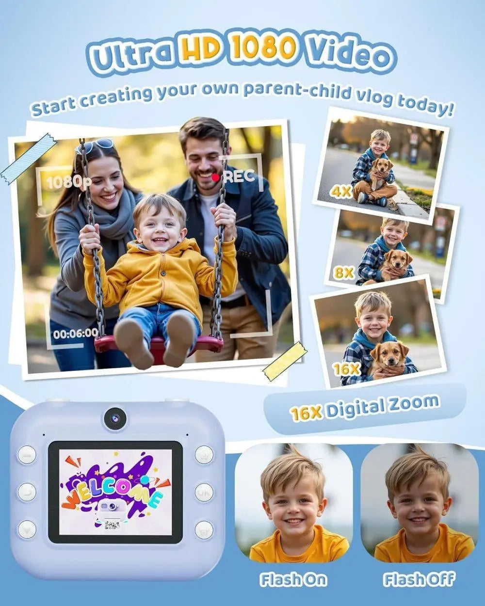 Children's Digital Camera 1080P HD with 2.4-Inch Screen, Instant Printing, Includes Paper & 32GB Card, for Ages 3-12, Blue Wholesale Hub
