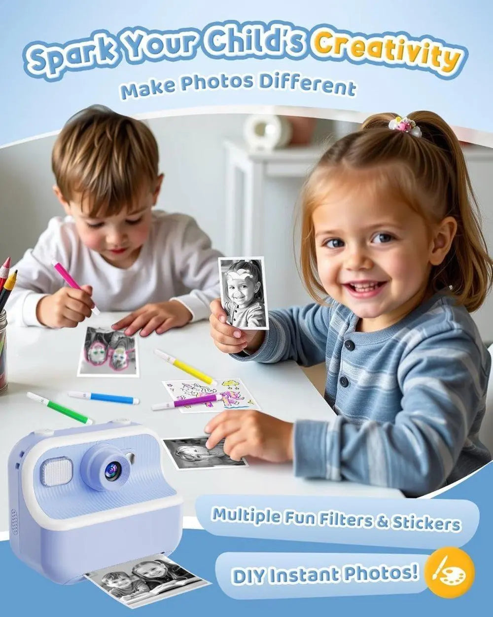 Children's Digital Camera 1080P HD with 2.4-Inch Screen, Instant Printing, Includes Paper & 32GB Card, for Ages 3-12, Blue Wholesale Hub