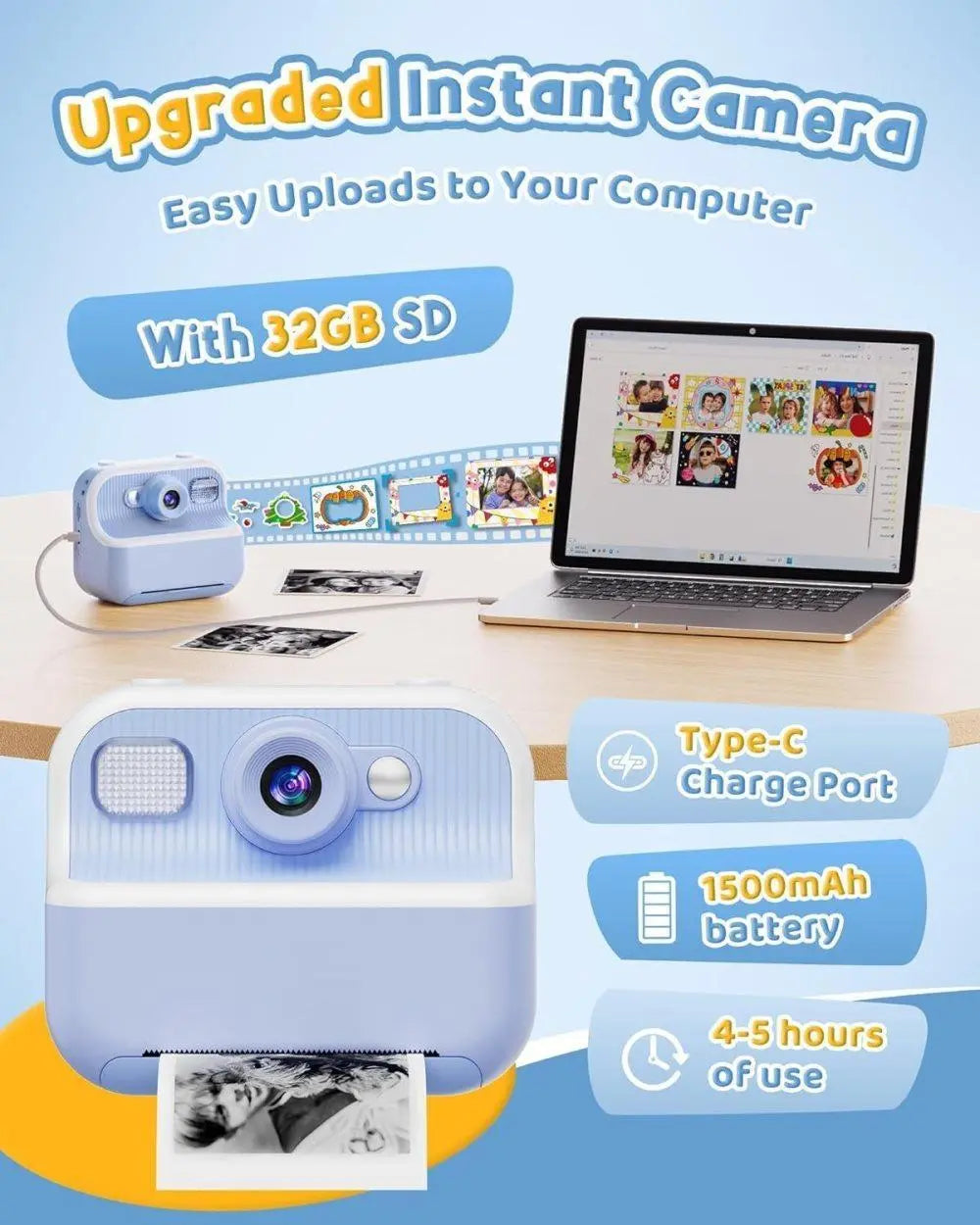 Children's Digital Camera 1080P HD with 2.4-Inch Screen, Instant Printing, Includes Paper & 32GB Card, for Ages 3-12, Blue Wholesale Hub