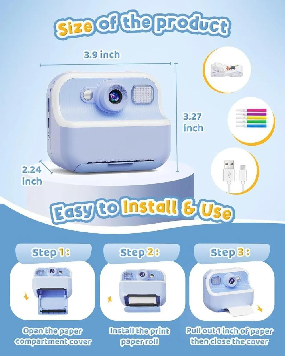 Children's Digital Camera 1080P HD with 2.4-Inch Screen, Instant Printing, Includes Paper & 32GB Card, for Ages 3-12, Blue Wholesale Hub