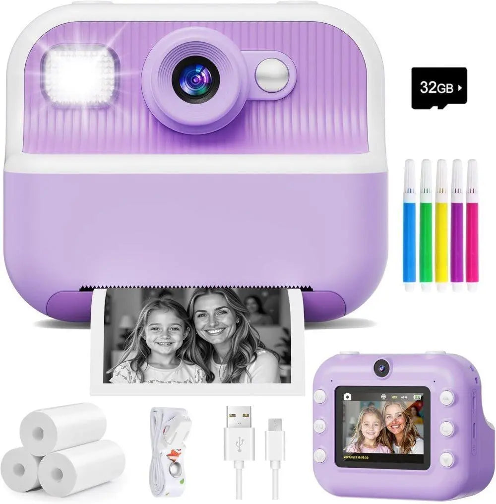 32GB Kids Digital Camera with 1080P HD and Instant Printing, 2.4-Inch Screen, Includes Paper, for Ages 3-12, Purple Wholesale Hub