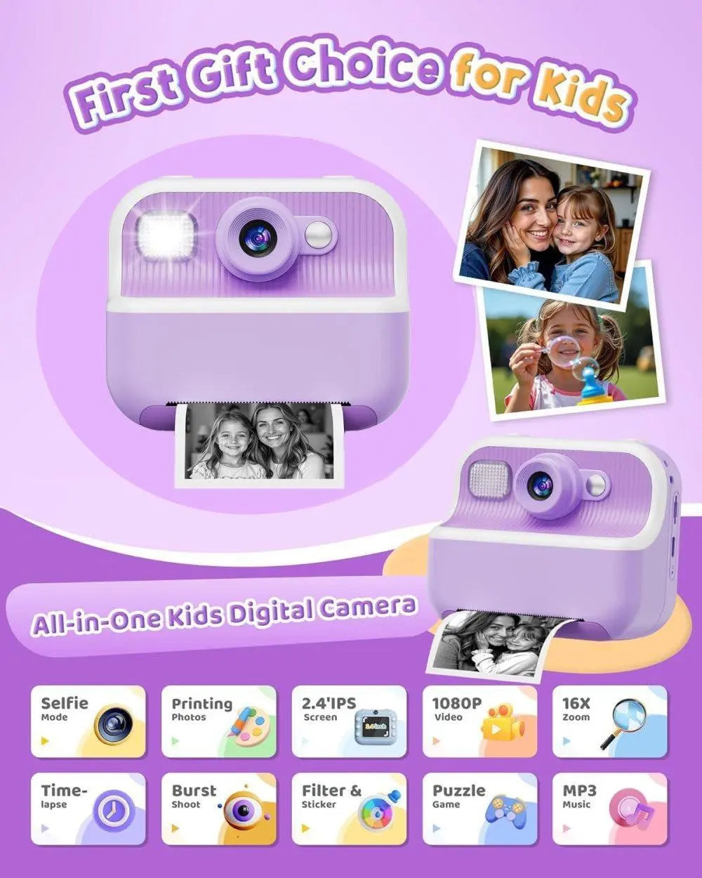 32GB Kids Digital Camera with 1080P HD and Instant Printing, 2.4-Inch Screen, Includes Paper, for Ages 3-12, Purple Wholesale Hub