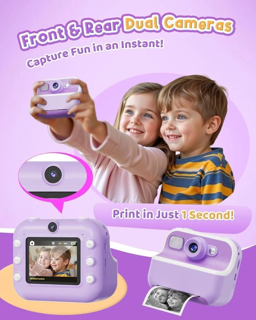 32GB Kids Digital Camera with 1080P HD and Instant Printing, 2.4-Inch Screen, Includes Paper, for Ages 3-12, Purple Wholesale Hub