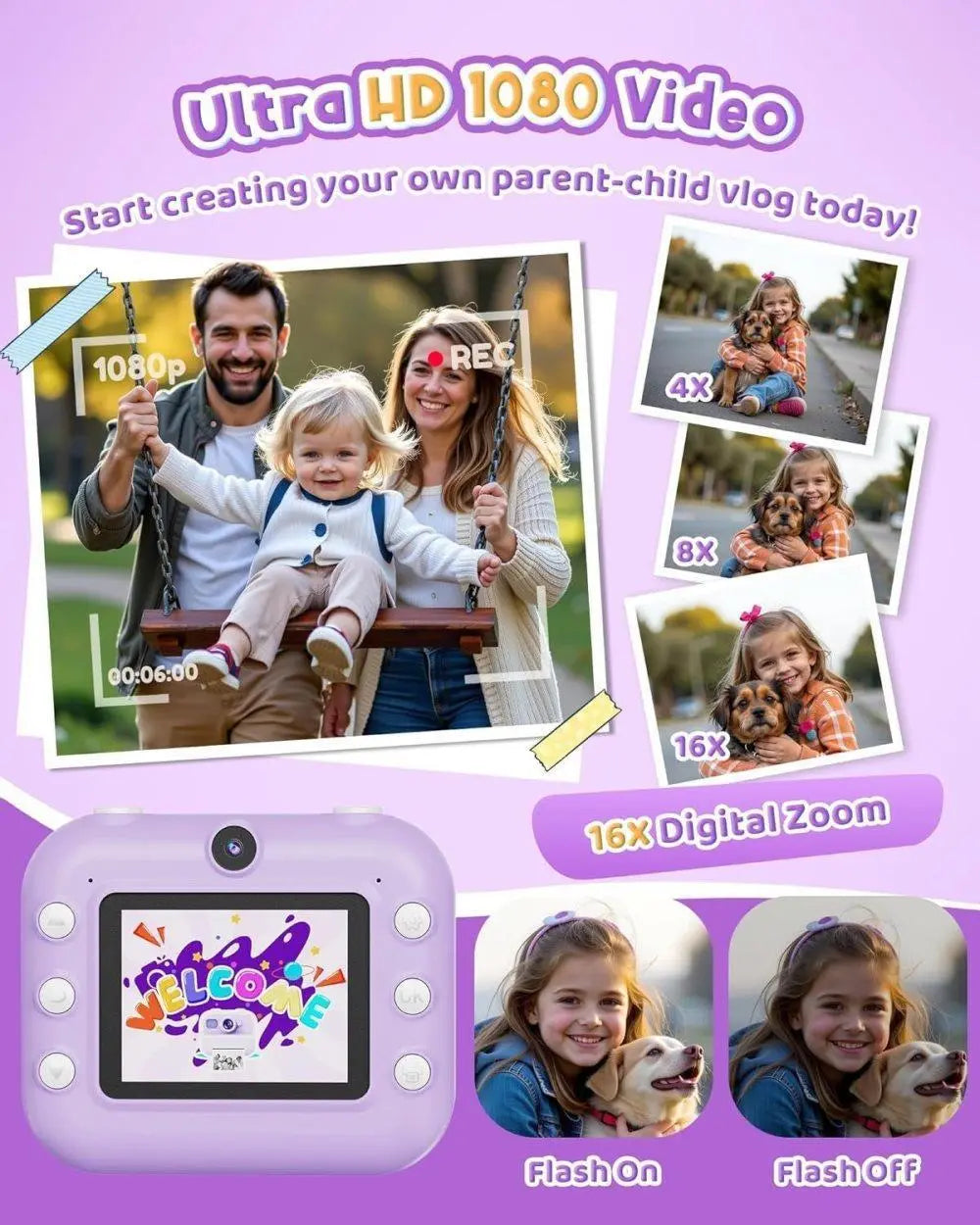 32GB Kids Digital Camera with 1080P HD and Instant Printing, 2.4-Inch Screen, Includes Paper, for Ages 3-12, Purple Wholesale Hub